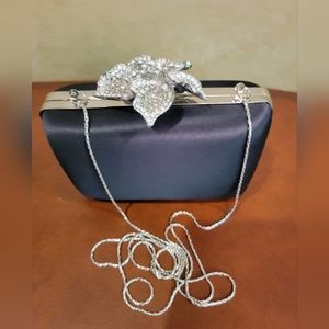 Cache black silver evening clutch